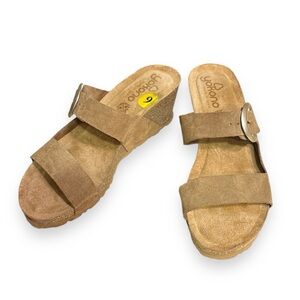 YOKONO Tan Suede Leather Two Strap Cork Wedge Sandals